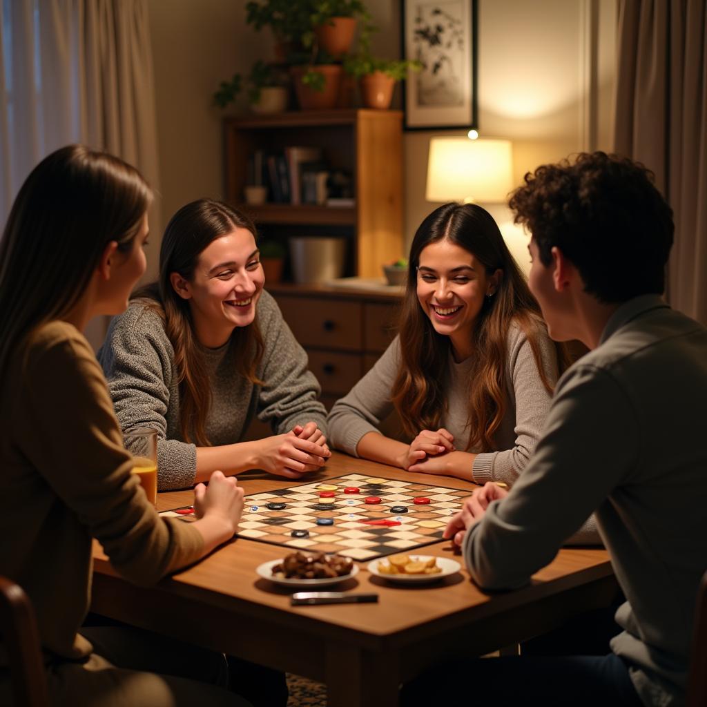 Một nhóm bạn thân đang tụ tập vui vẻ, cùng nhau chơi một trò chơi board game trí tuệ trên bàn gỗ trong không gian ấm cúng