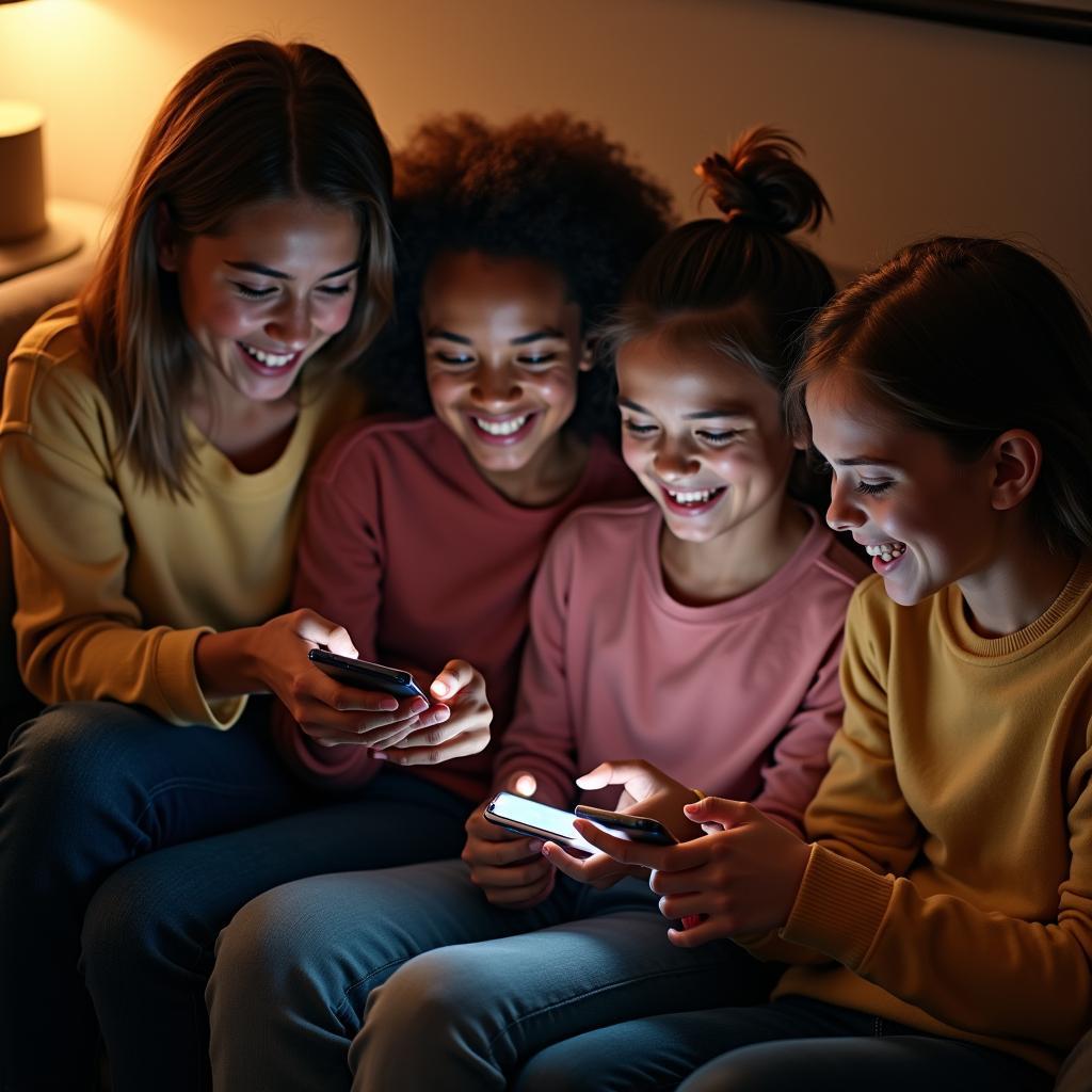 Nhóm bạn bè đang vui vẻ chơi top game mobile cùng bạn trên điện thoại, thể hiện sự gắn kết và tinh thần đồng đội