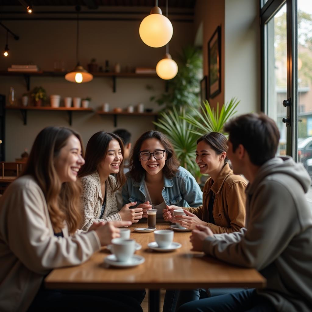 Một nhóm bạn trẻ gặp gỡ ngoài đời thực sau khi quen nhau qua một group facebook, họ đang trò chuyện vui vẻ tại một quán cà phê ấm cúng.
