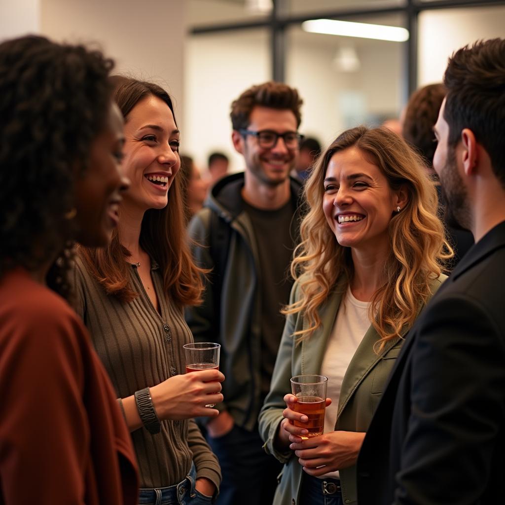 Một nhóm bạn trẻ đa dạng đang giao lưu vui vẻ tại một sự kiện Meetup, tượng trưng cho việc mở rộng mạng lưới quan hệ và xây dựng kết nối ý nghĩa ngoài không gian mạng.