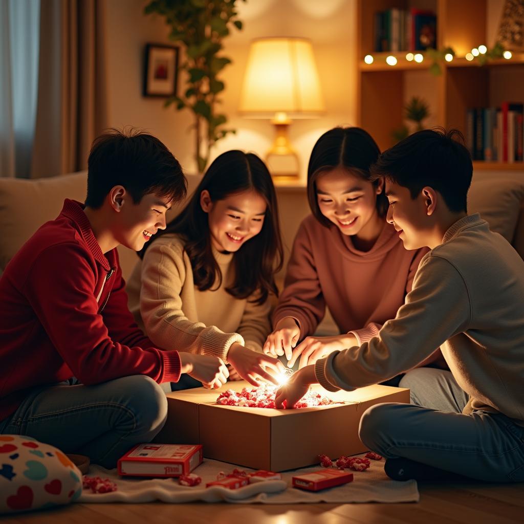 Nhóm bạn trẻ đang cùng nhau gói những món quà ý nghĩa cho hoạt động thiện nguyện cuối năm, gương mặt ai cũng rạng rỡ niềm vui và sự gắn kết