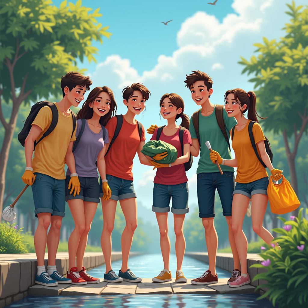 Nhóm bạn trẻ cùng nhau tham gia hoạt động thiện nguyện dọn dẹp môi trường vì một tương lai xanh