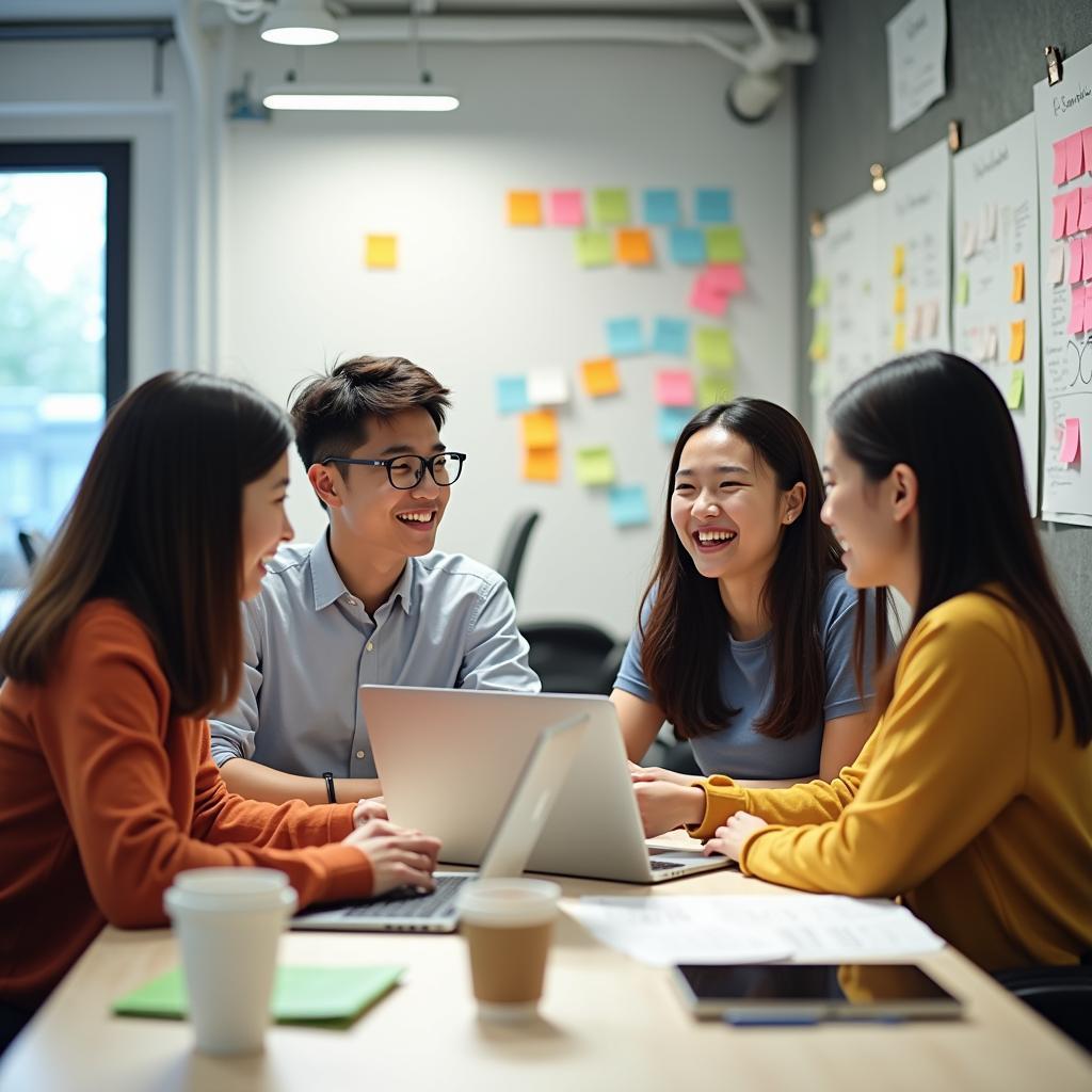 Một nhóm bạn trẻ Việt Nam đang cùng nhau học tập và làm việc trong một không gian sáng tạo, họ cười đùa vui vẻ trong khi trao đổi ý tưởng bên cạnh laptop và sổ tay