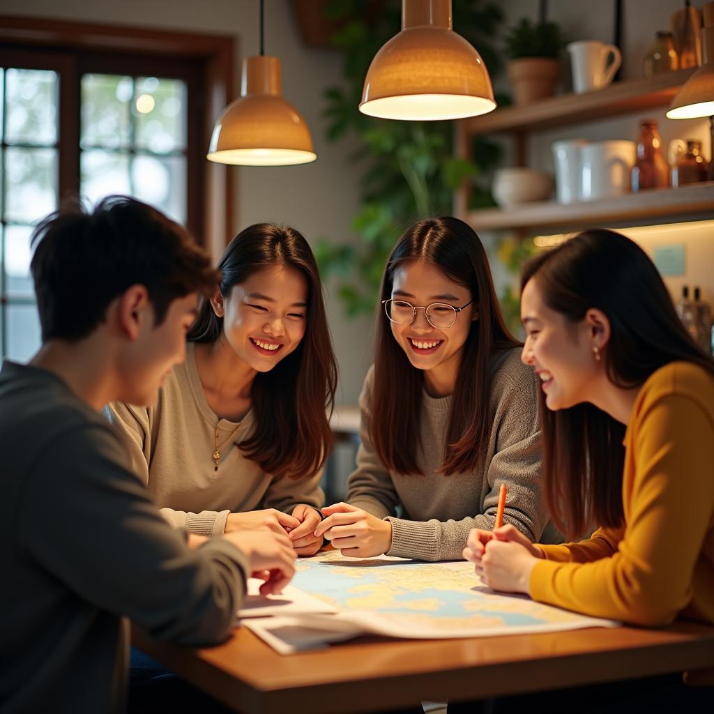 Một nhóm bạn đang cùng nhau xem bản đồ và lên kế hoạch cho chuyến du lịch tiết kiệm, thể hiện sự gắn kết tình bạn.