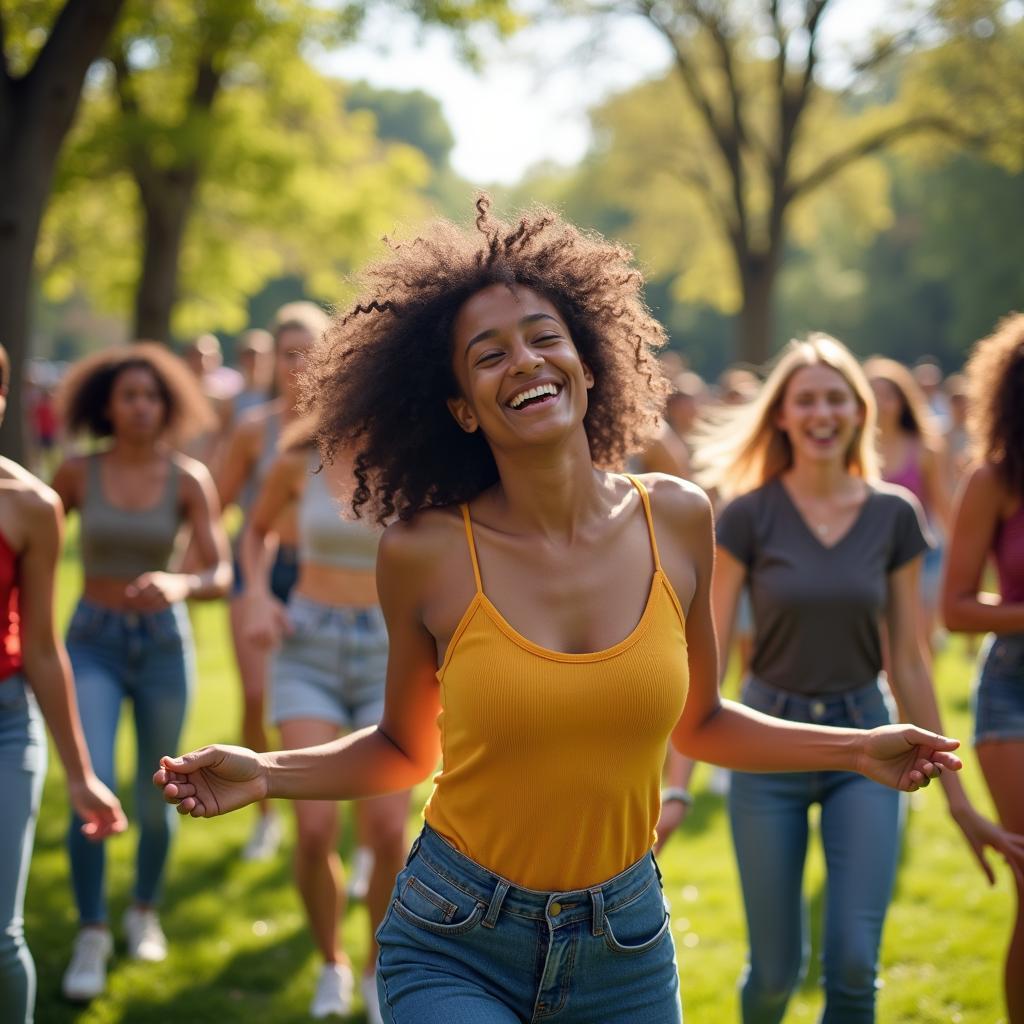 Nhóm bạn trẻ đa dạng đang vui vẻ tập nhảy flashmob trong một công viên, thể hiện năng lượng tập thể và sự khởi đầu của những tình bạn bất ngờ.
