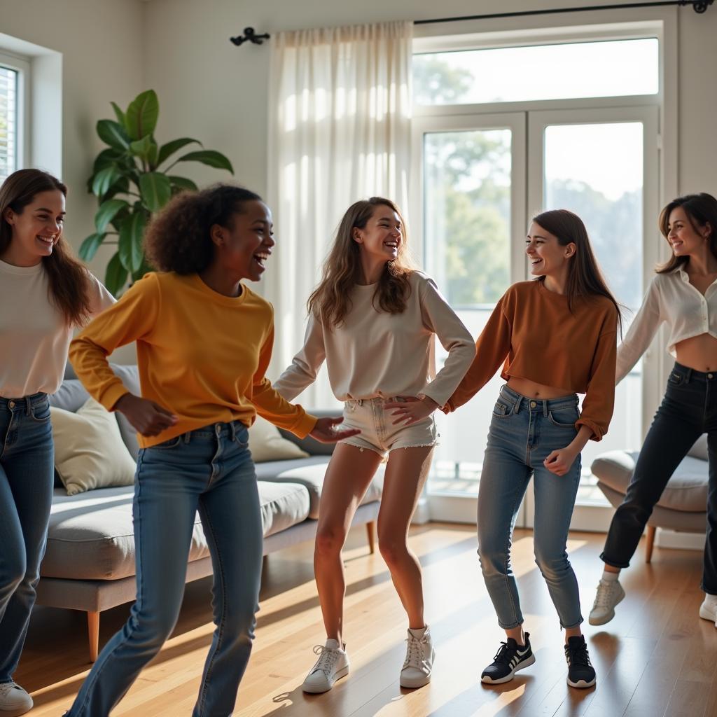 Một nhóm bạn trẻ đang vui vẻ tập luyện một điệu nhảy TikTok trong một không gian sáng sủa, thể hiện sự gắn kết và phối hợp ăn ý.