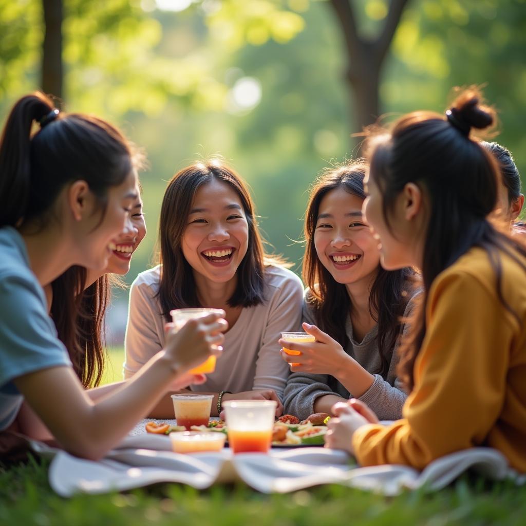 Một nhóm bạn bè đa dạng đang vui vẻ tham gia hoạt động ngoài trời từ một trang web kết bạn cộng đồng, thể hiện sự kết nối chân thật.