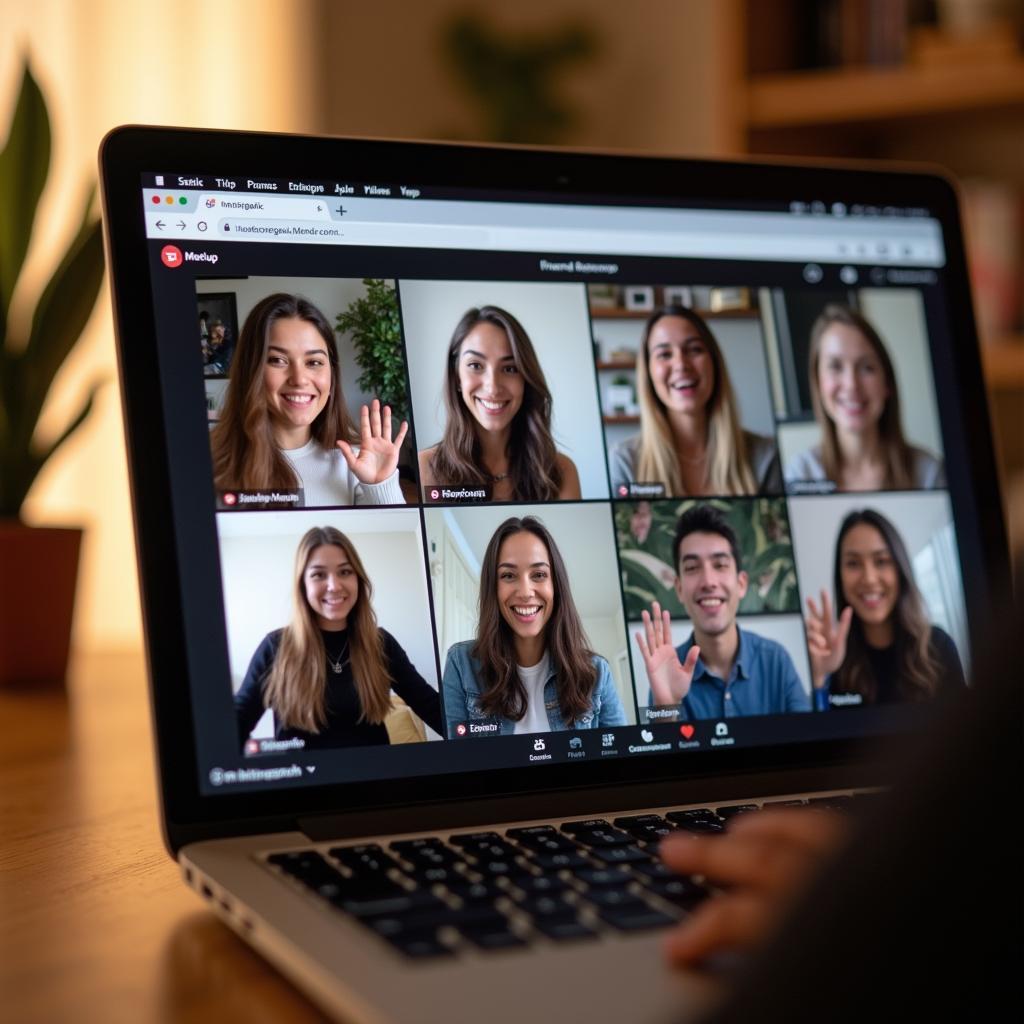Một nhóm bạn trẻ đang vui vẻ tương tác trong một hội thảo online kết bạn trên nền tảng Meetup.