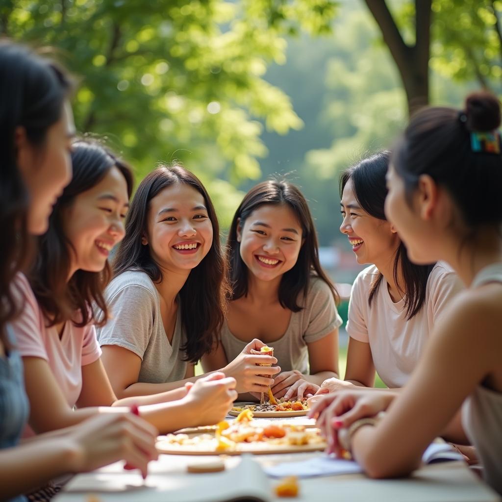 Một nhóm bạn trẻ vui vẻ tham gia sự kiện cộng đồng để làm quen bạn mới và mở rộng vòng bạn bè