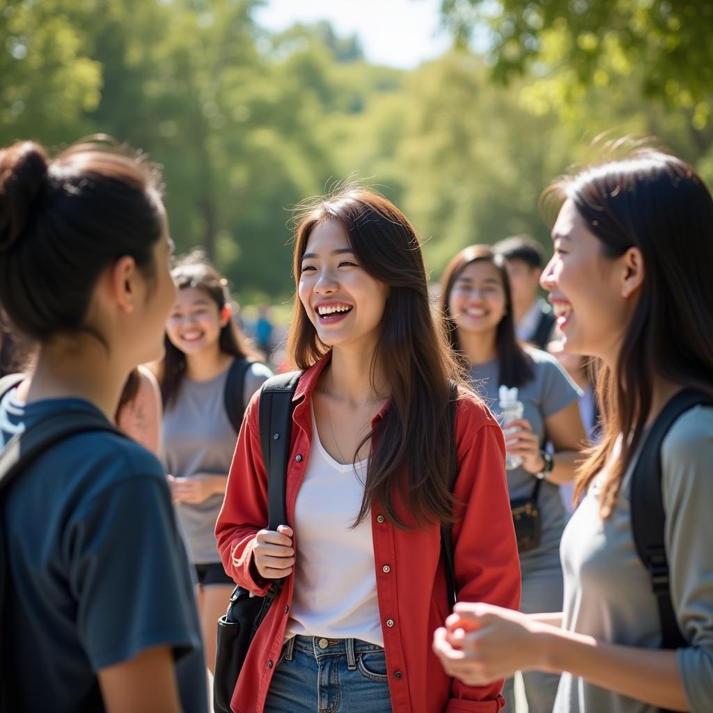 Nhóm bạn học sinh đang trò chuyện vui vẻ, minh họa cách hòa đồng bạn bè ở trường hiệu quả
