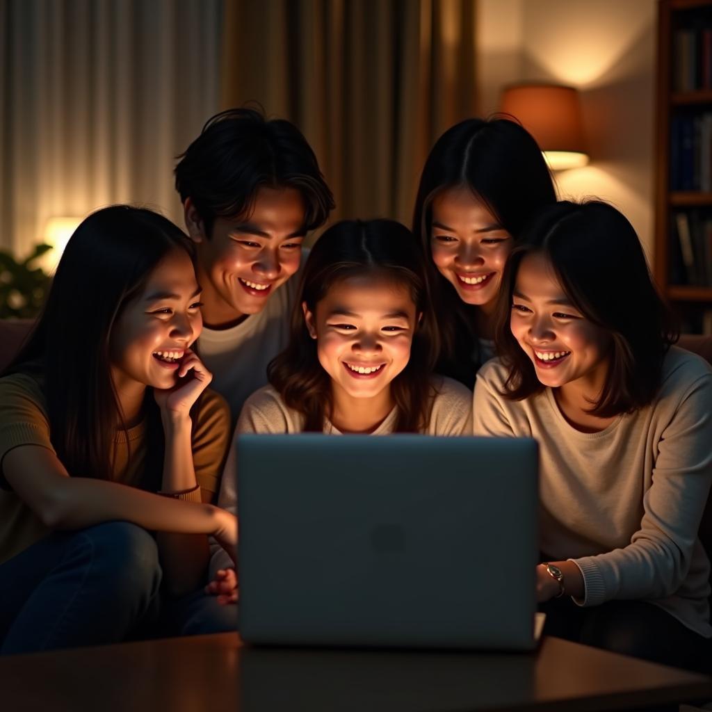 Một nhóm bạn trẻ Việt Nam đang ngồi quây quần bên nhau, cùng nhìn vào màn hình laptop với vẻ mặt hào hứng và xúc động khi xem trailer phim về tình bạn.