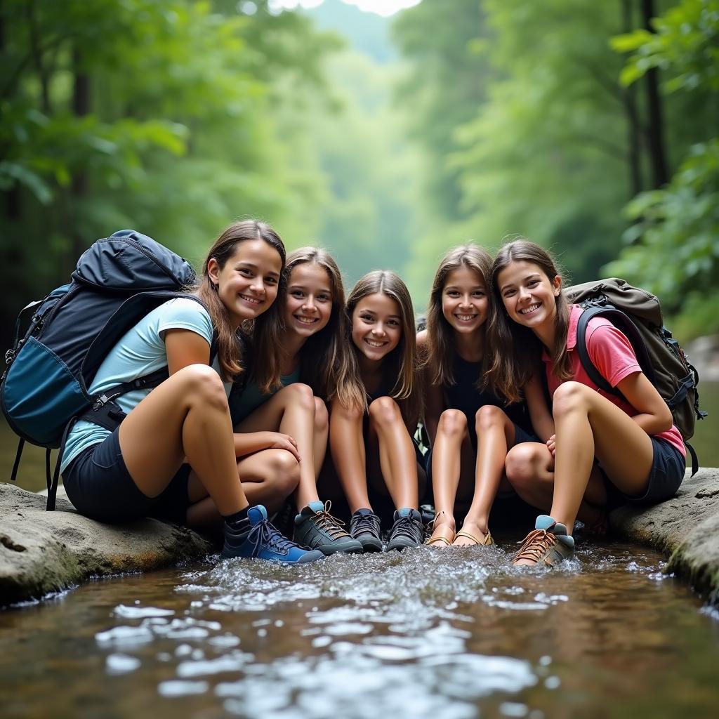 Một nhóm bạn trẻ đang ngồi nghỉ ngơi bên một dòng suối trong vắt sau chuyến trekking, nụ cười rạng rỡ thể hiện tình bạn thân thiết và sự gắn kết qua trekking.
