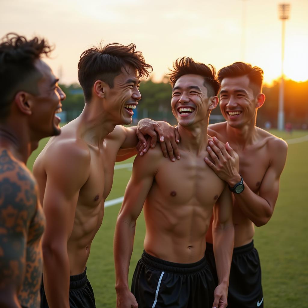 Nhóm bạn nam đang trêu chọc nhau vui vẻ sau một trận bóng đá mini, thể hiện tình bạn gắn kết nhờ thể thao.