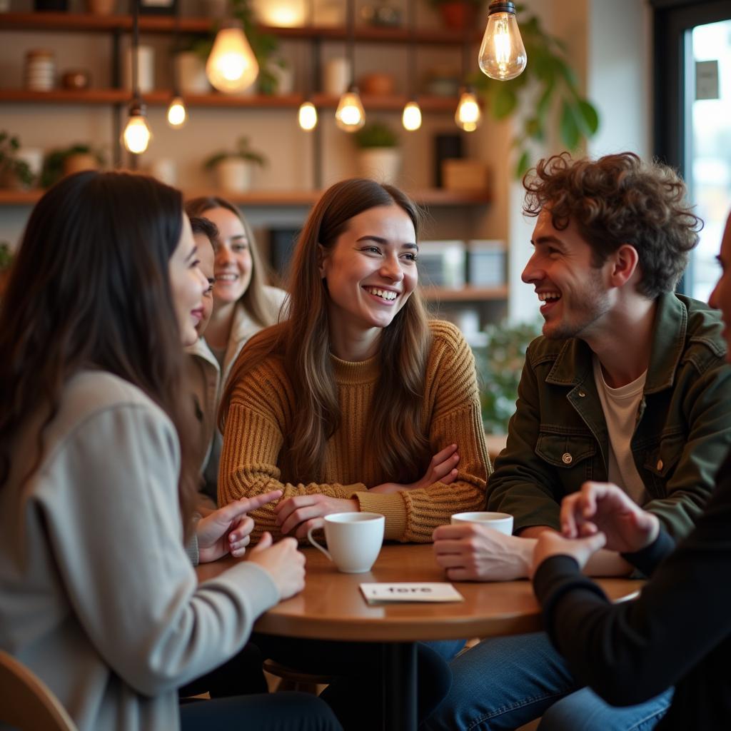 Nhóm bạn bè đa dạng đang trò chuyện cởi mở về pronouns trong một quán cà phê ấm cúng, thể hiện sự tôn trọng và thấu cảm trong tình bạn