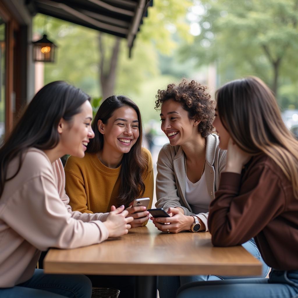 Nhóm bạn thân đang trò chuyện rôm rả và kết nối sâu sắc tại một quán cà phê, minh họa cho việc biến quote tình bạn thành hành động