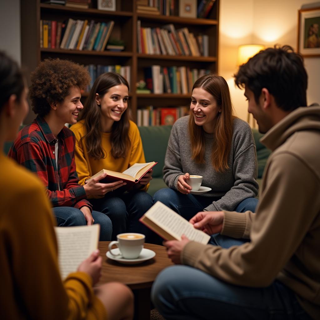 Một nhóm bạn thân thiết trong cộng đồng book club đang ngồi quây quần, thảo luận sôi nổi về một cuốn sách với ly cà phê ấm áp