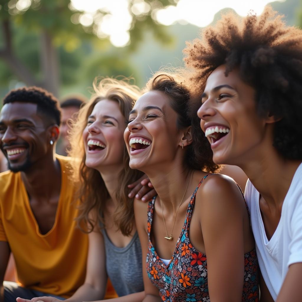 Một nhóm bạn đa dạng đang cười nói vui vẻ trong một sự kiện Meetup ngoài trời, thể hiện sự kết nối xã hội và niềm vui chung.