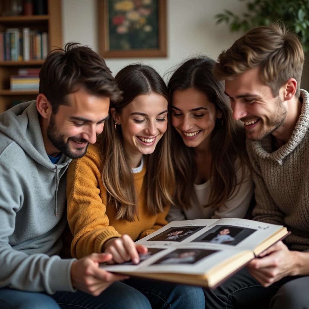 Một nhóm bạn thân gồm cả nam và nữ đang ngồi quây quần bên nhau xem lại những bức ảnh kỷ niệm cũ trong một cuốn album, tất cả đều đang tươi cười rạng rỡ.