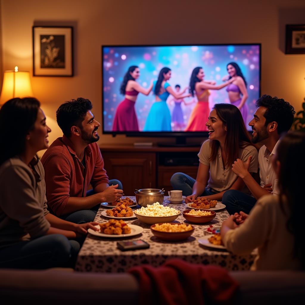 Nhóm bạn thân thiết đang cùng nhau cười sảng khoái khi xem một bộ phim Bollywood về tình bạn trên TV