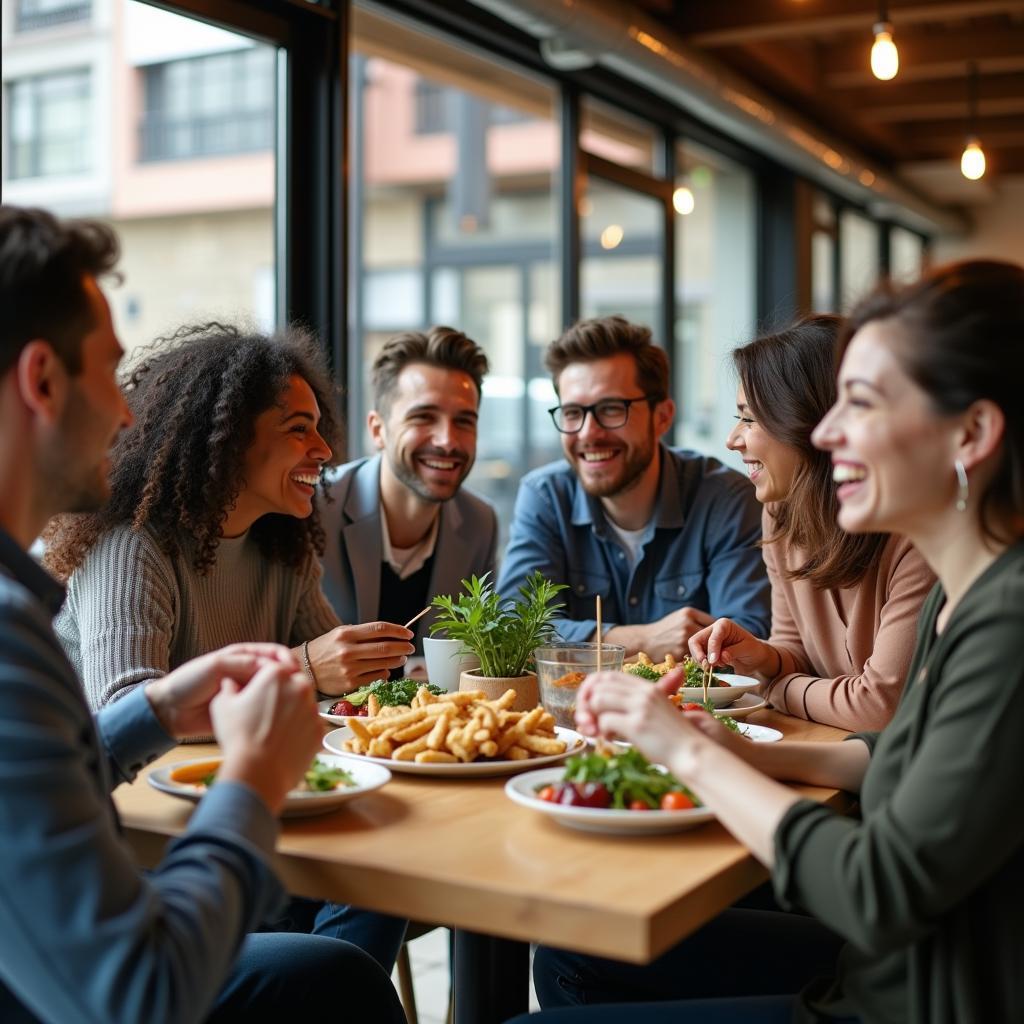 Một nhóm đồng nghiệp đa dạng đang cùng nhau ăn trưa và trò chuyện vui vẻ tại một quán ăn gần văn phòng