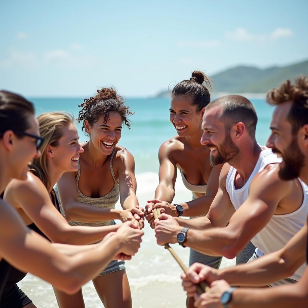 Một nhóm đồng nghiệp đa dạng đang vui vẻ tham gia hoạt động team building kéo co trên một bãi biển đầy nắng, thể hiện tinh thần đồng đội và sự gắn kết qua team tour.