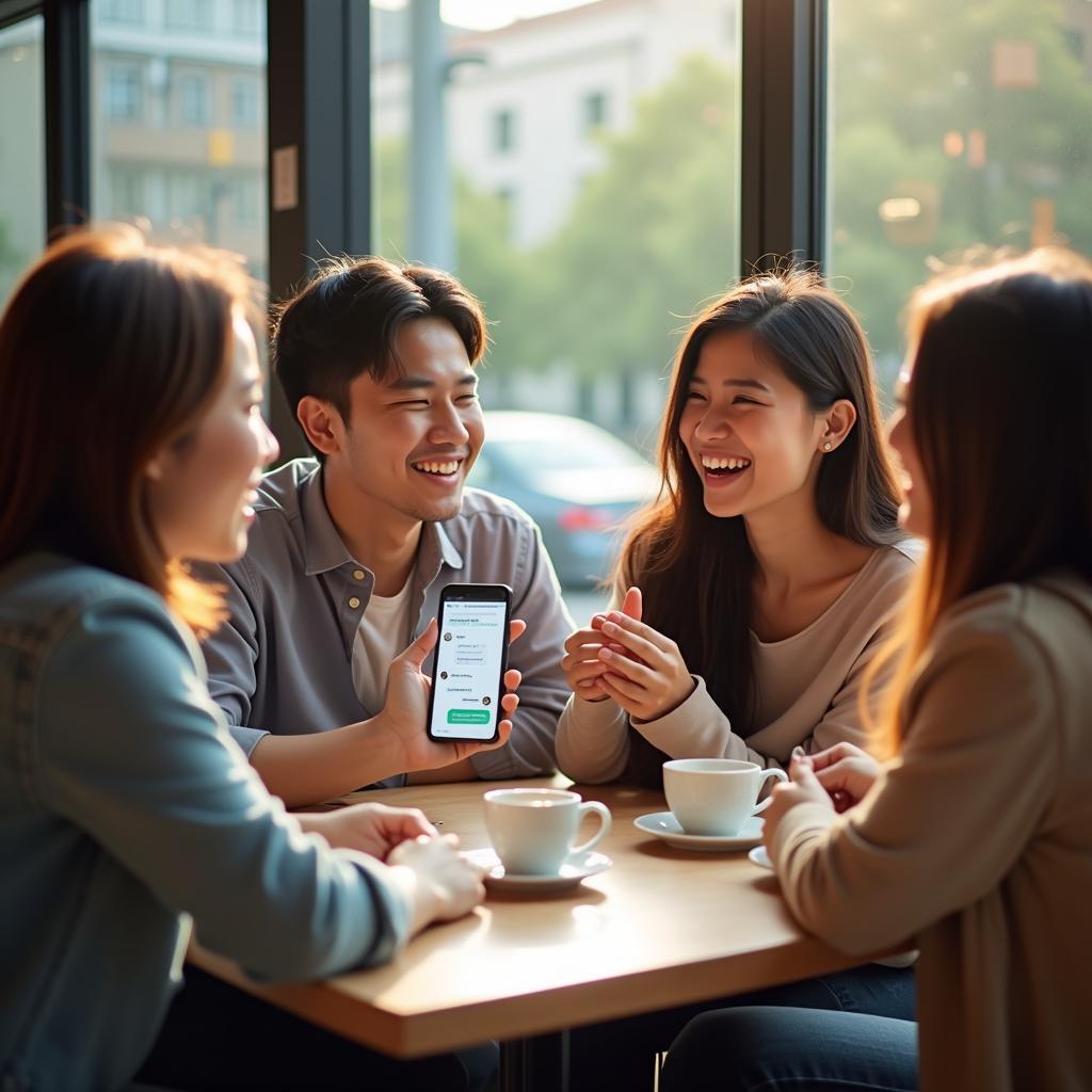 Nhóm đồng nghiệp Việt Nam vui vẻ cà phê sau giờ làm, kết quả của tình bạn qua Slack