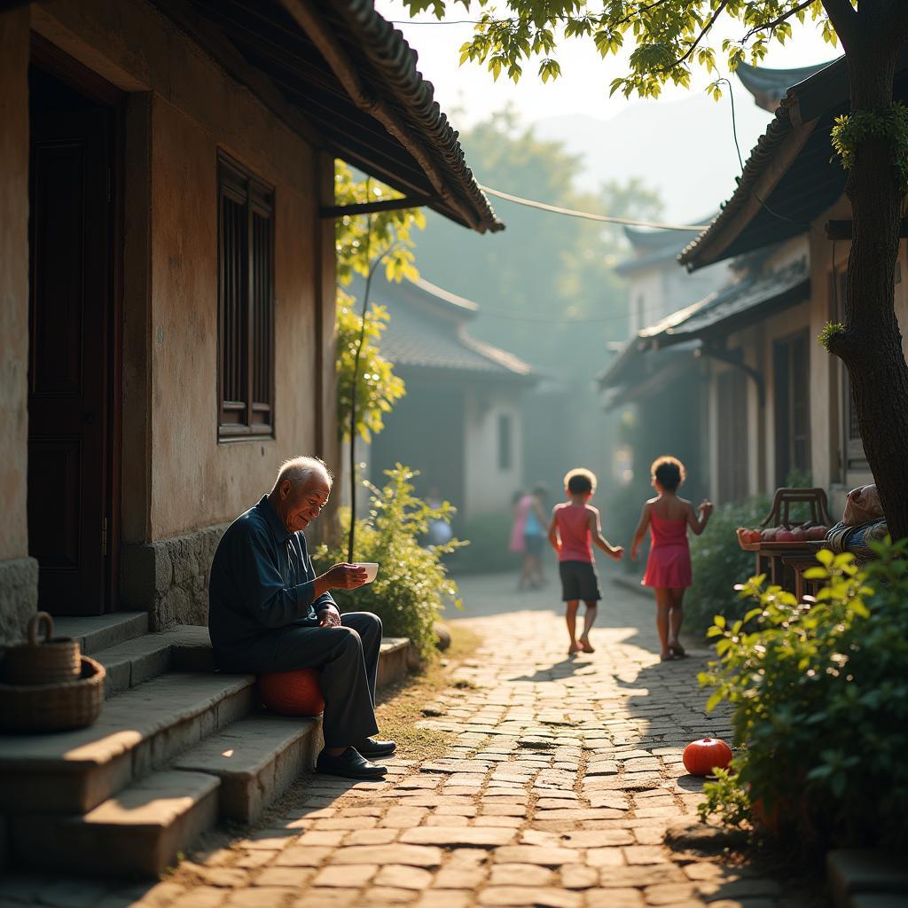 Khung cảnh đời sống thường nhật bình yên tại Phường Phong Châu với hình ảnh người dân mộc mạc, giản dị.