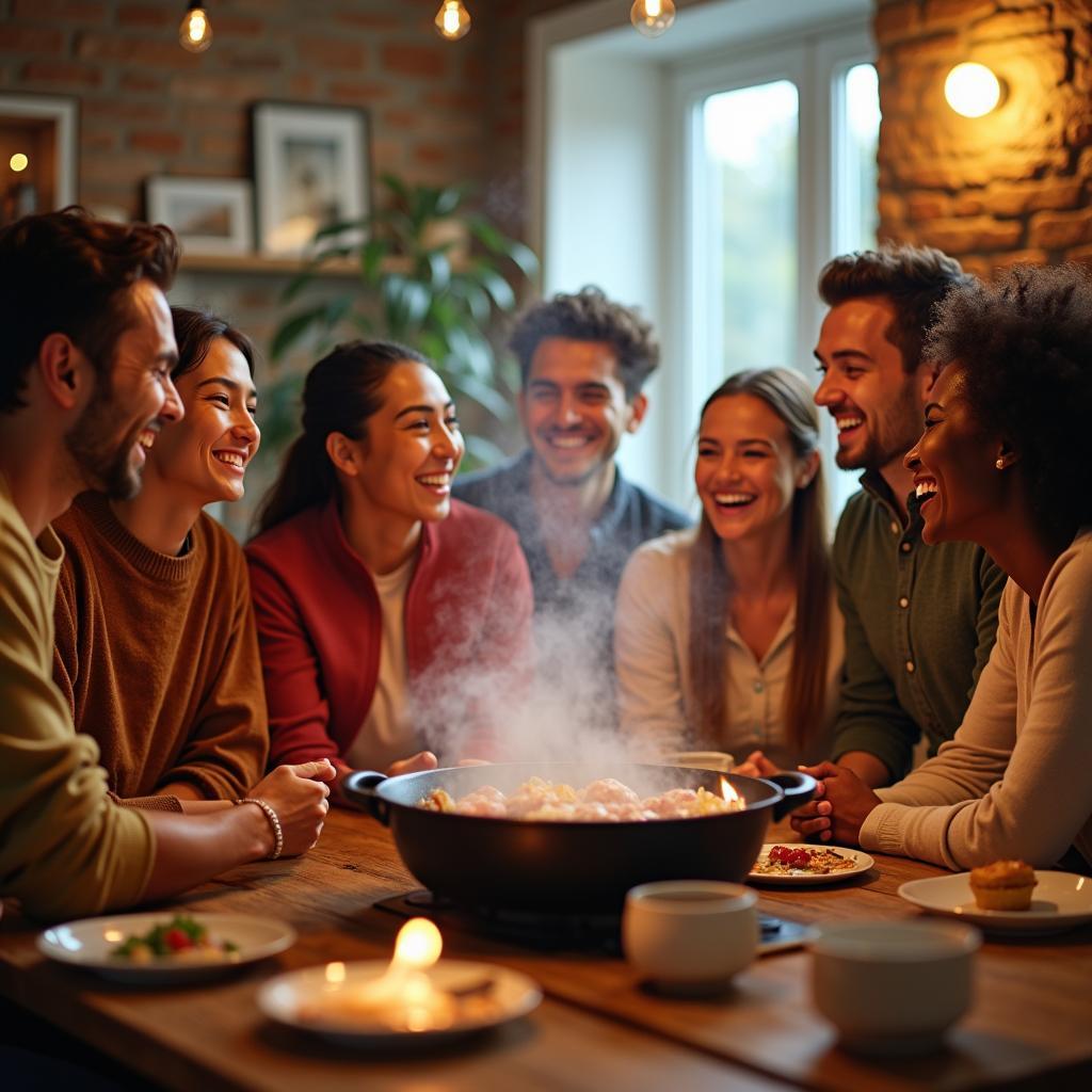 Hình ảnh một nhóm bạn đa thế hệ từ Gen Z đến Gen X đang cùng nhau vui vẻ bên nồi lẩu nghi ngút khói, thể hiện sự gắn kết và niềm vui chung