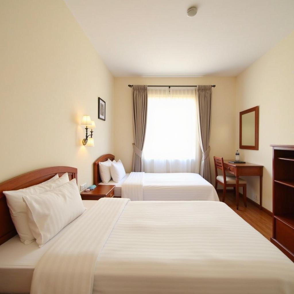 Không gian bên trong một phòng nghỉ tiêu chuẩn tại Daisy Hotel, 43 Nguyễn Thị Minh Khai, Nha Trang với nội thất gỗ ấm cúng và đầy đủ tiện nghi