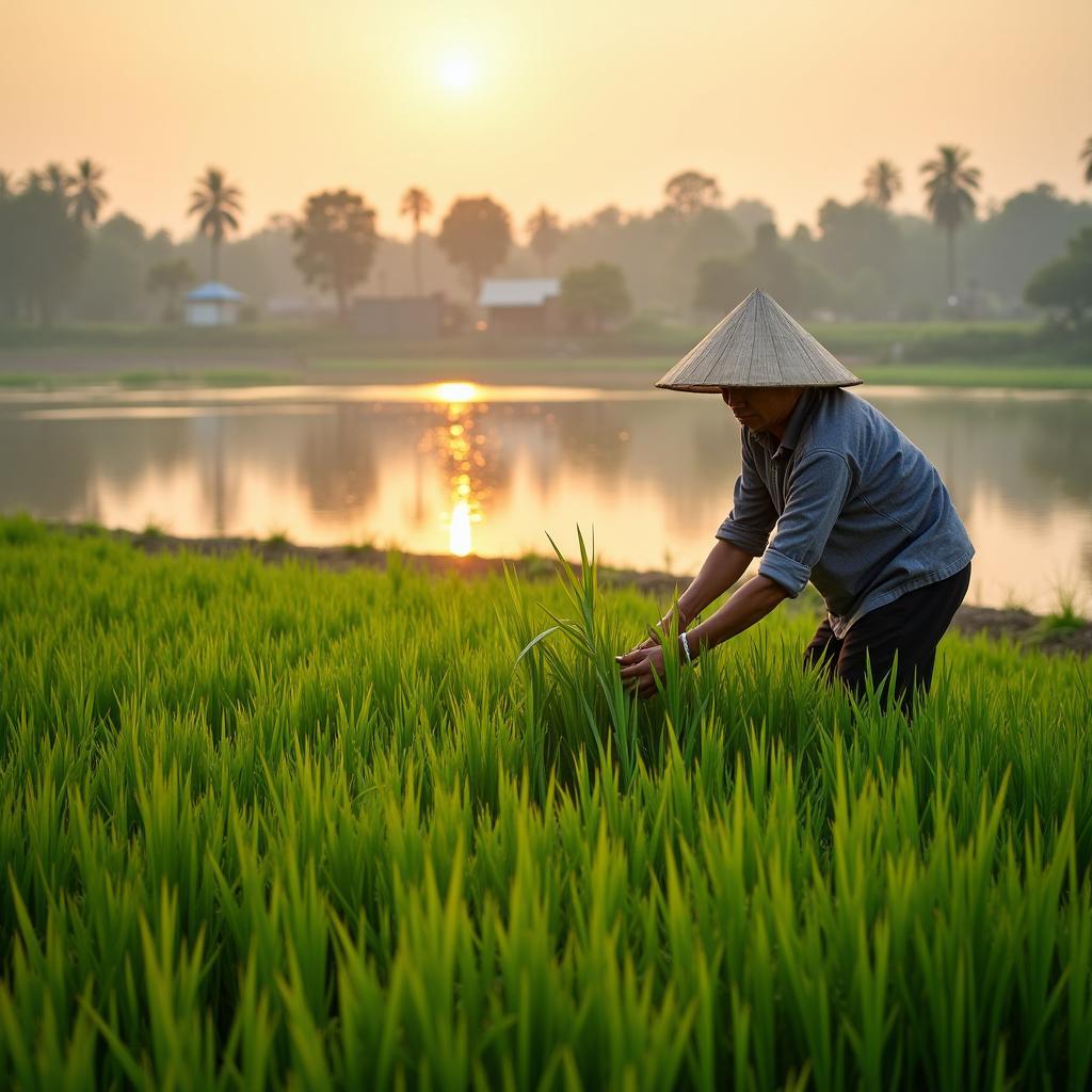 Người nông dân xã Phú Mỹ, Phú Thọ đang chăm sóc lúa trên cánh đồng phù sa màu mỡ ven sông Lô.
