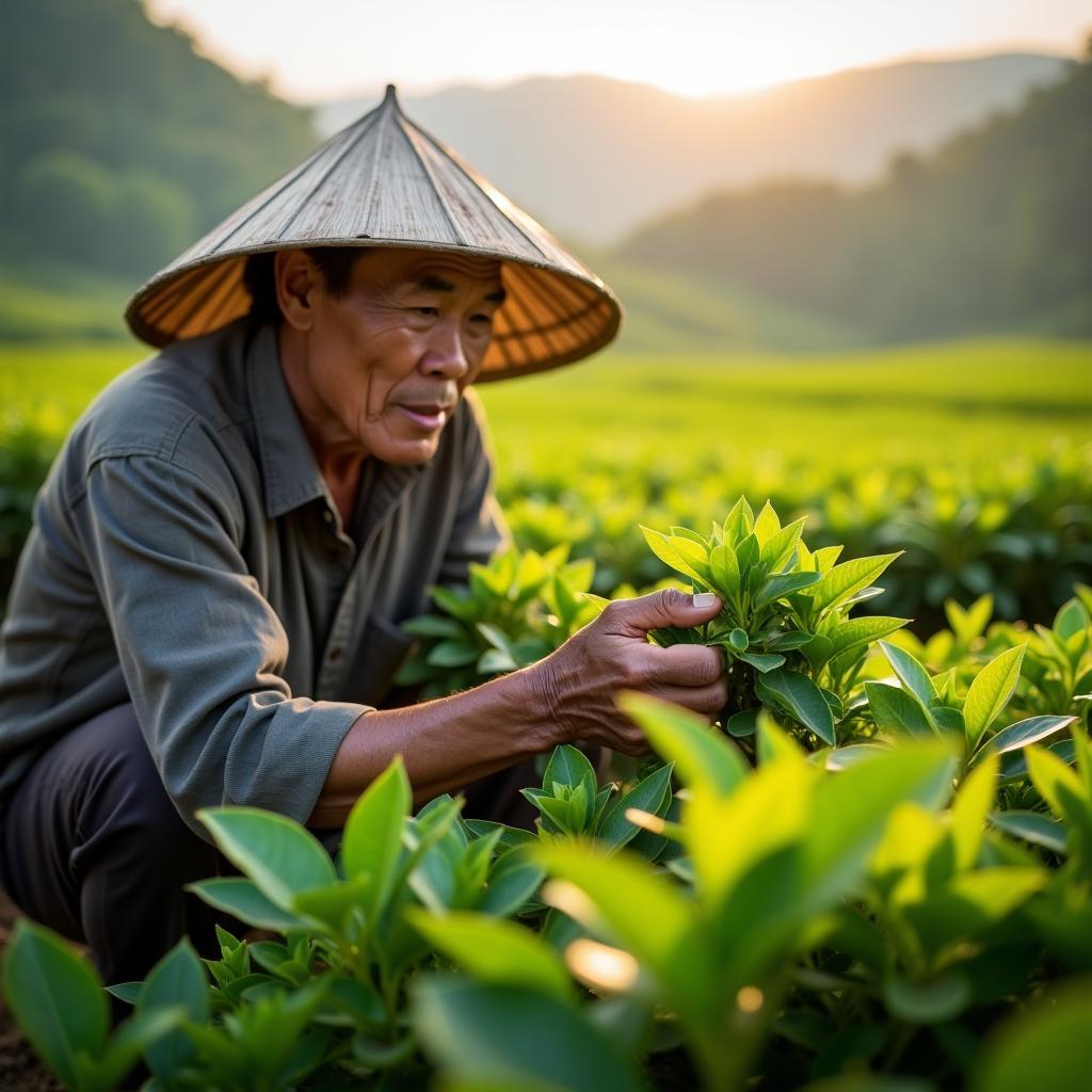 Cận cảnh người nông dân đang thu hoạch lá chè tươi trên đồi chè ở Xã Hội Thịnh, tỉnh Phú Thọ.