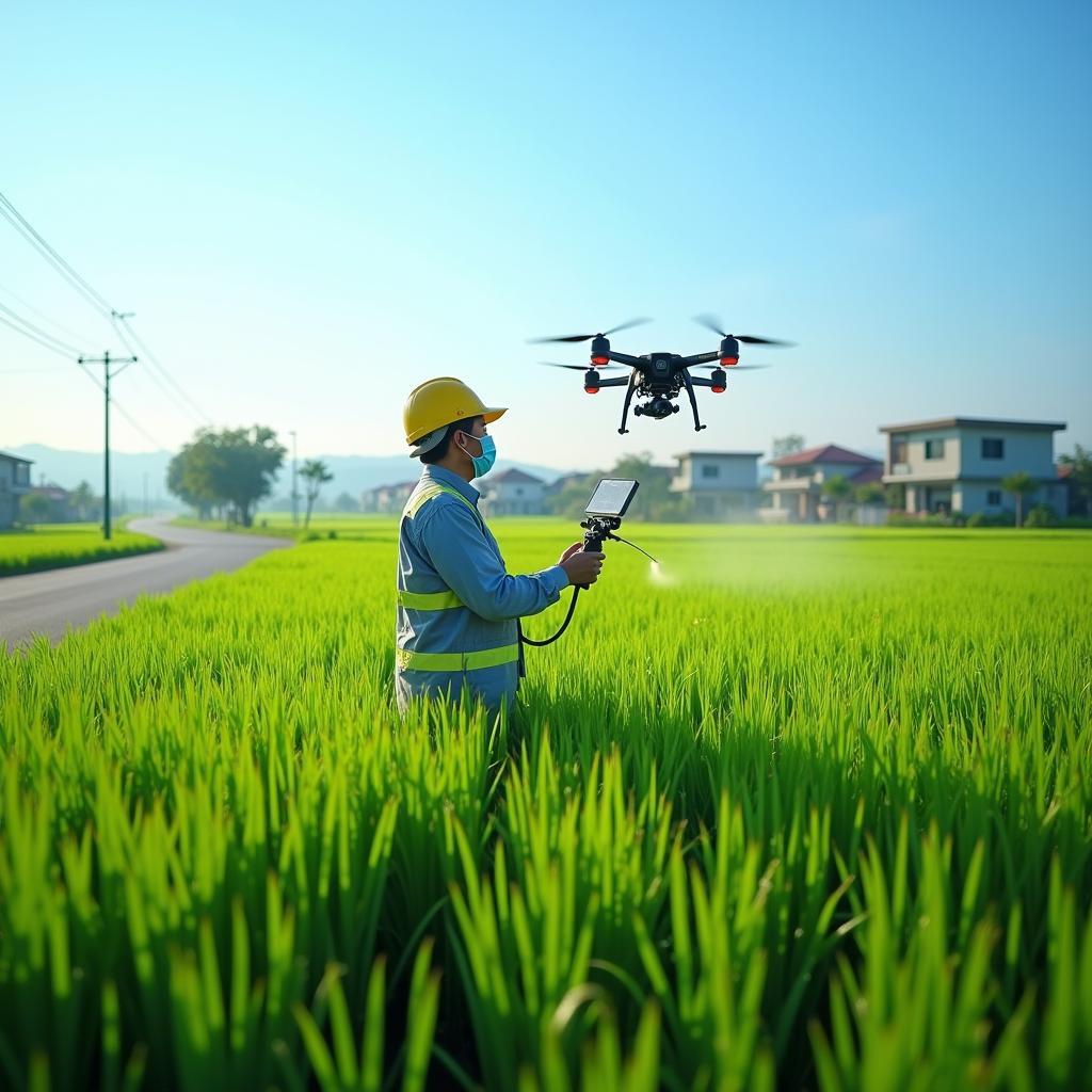 Nông dân Xã Tân Yên, Bắc Ninh ứng dụng công nghệ cao vào canh tác nông nghiệp trên cánh đồng lúa xanh mướt.