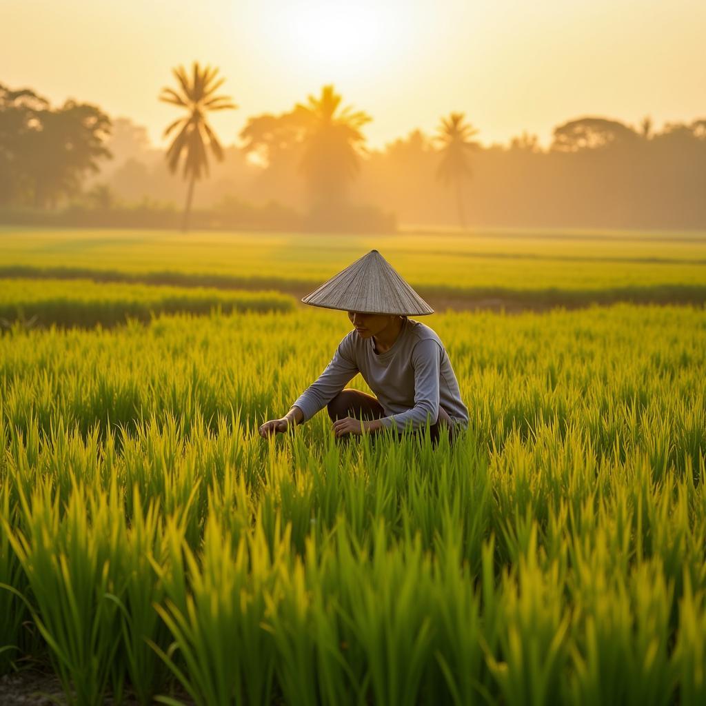 Cận cảnh người nông dân đang làm việc trên cánh đồng lúa bạt ngàn tại xã Ái Quốc, tỉnh Hưng Yên.