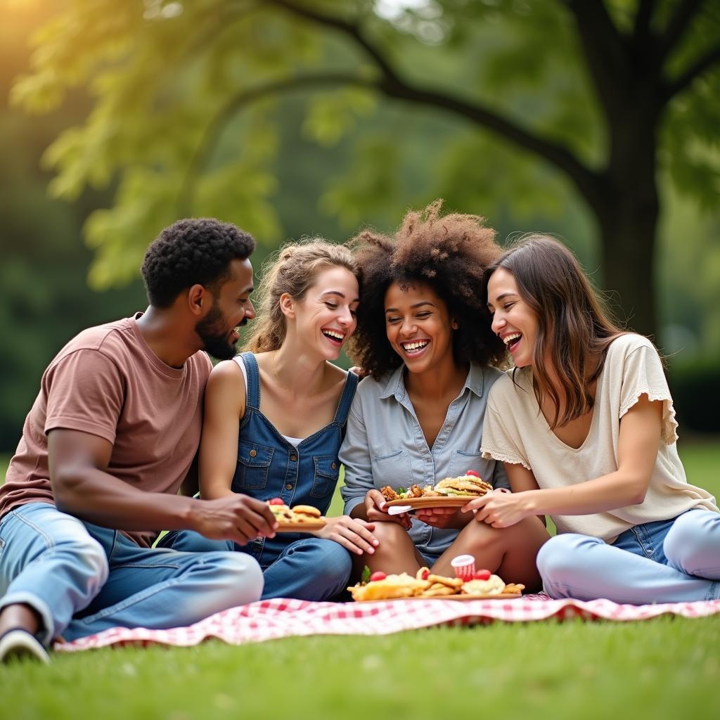 Nhóm bạn bè thân thiết đa dạng cùng nhau chia sẻ khoảnh khắc vui vẻ để nuôi dưỡng tình bạn bền vững.