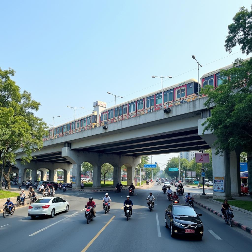 Hình ảnh nút giao thông Cầu Giấy - Láng sầm uất với cầu vượt và tuyến đường sắt trên cao