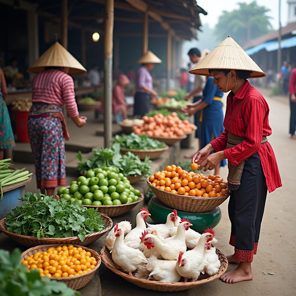 Khung cảnh một phiên chợ quê tại Xã Chợ Mới tỉnh Thái Nguyên với người dân địa phương đang mua bán nông sản như rau củ và gà
