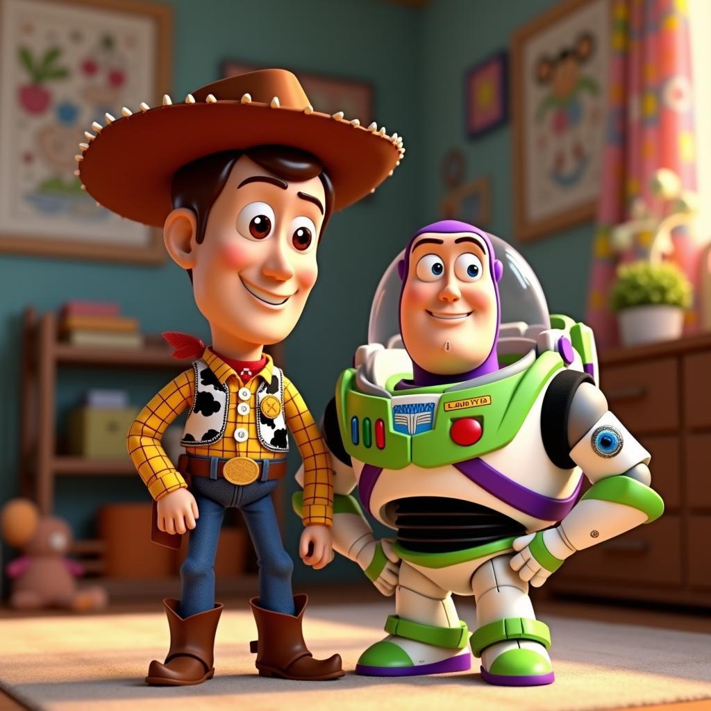 Cặp đôi bạn thân Woody và Buzz Lightyear trong phim hoạt hình Pixar Toy Story đứng cạnh nhau, thể hiện tình bạn khăng khít và sự tin tưởng lẫn nhau.