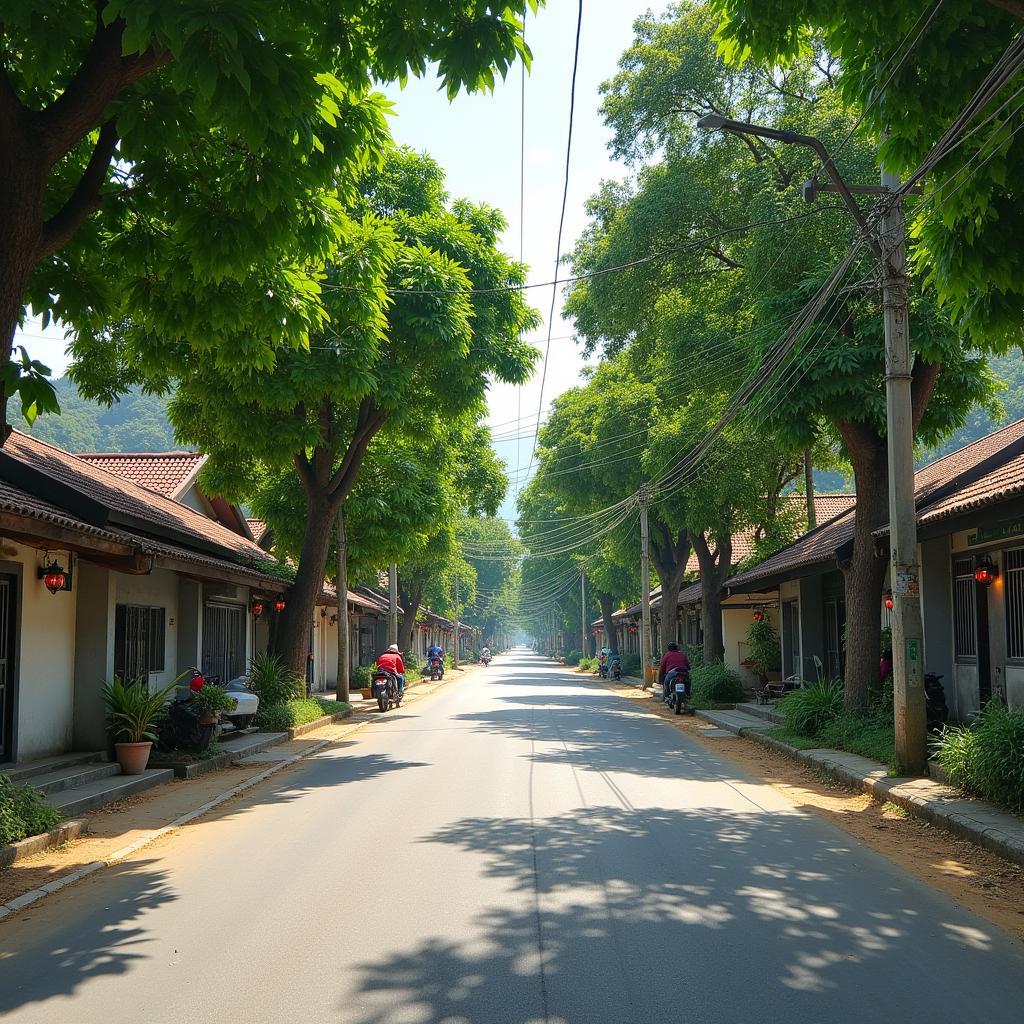 Con đường nhỏ yên bình với cây xanh và nhà dân tại Phường Âu Cơ Thị xã Phú Thọ