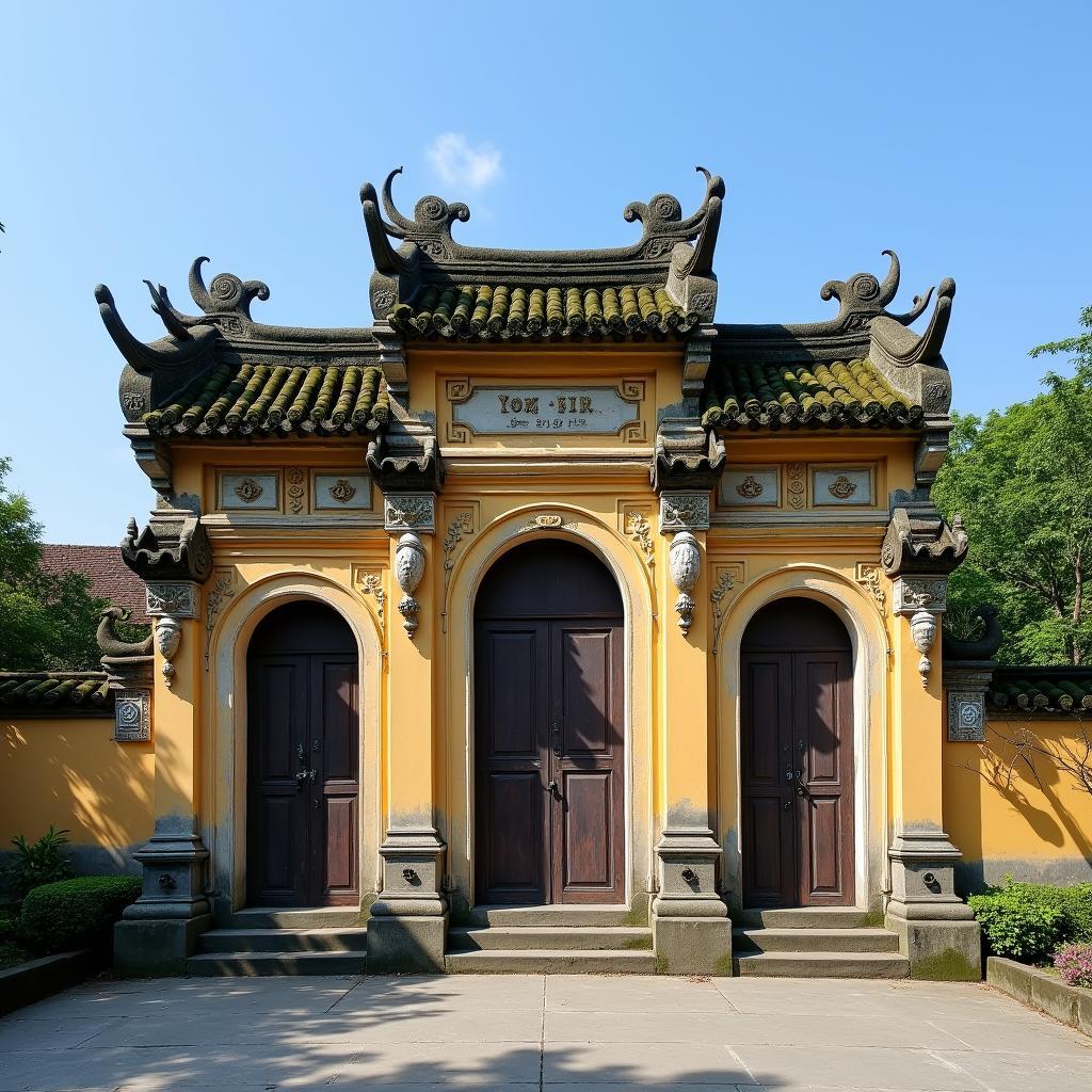 Cổng tam quan cổ kính của một di tích tại Phố Hiến, Hưng Yên, mang đậm dấu ấn thời gian và kiến trúc xưa