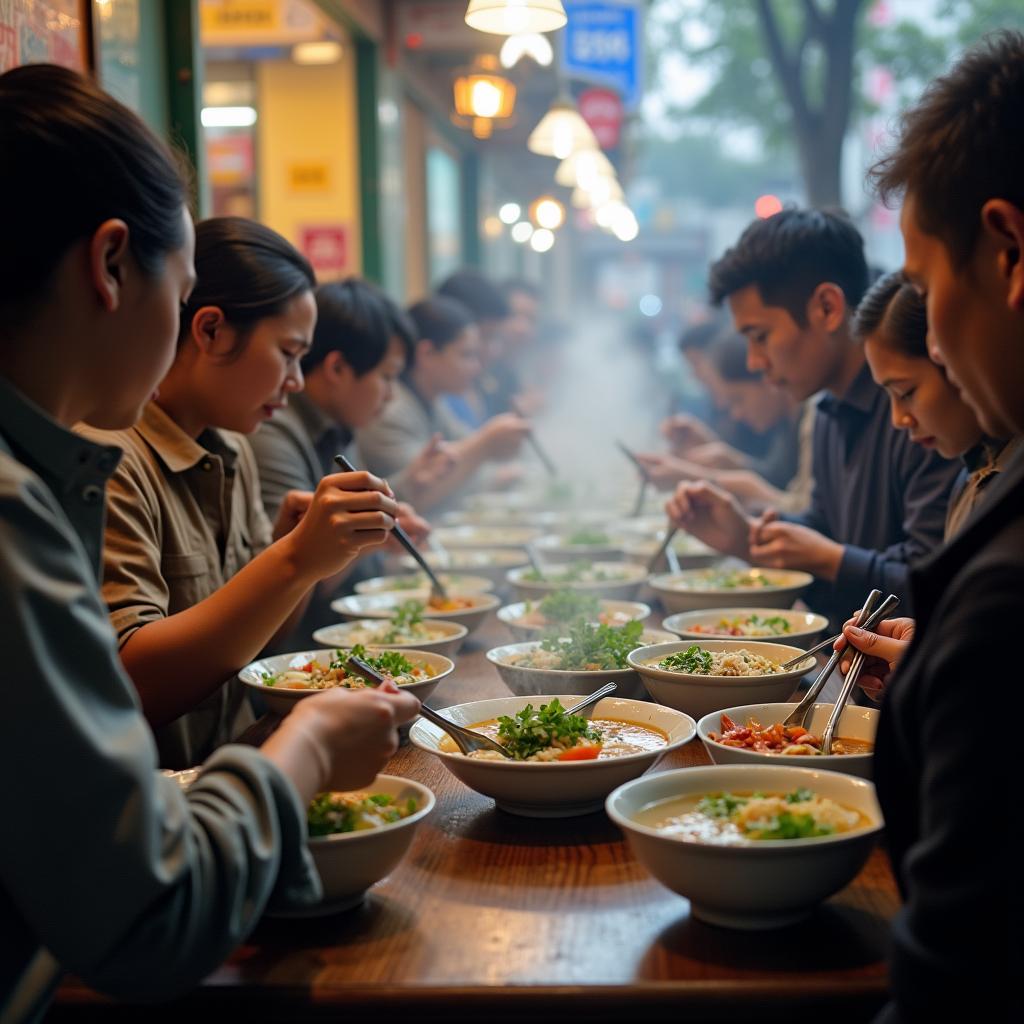 Người dân thưởng thức món phở, hủ tiếu tại một quán ăn bình dân ở Phường Xuân Hòa, Quận 3, TP Hồ Chí Minh