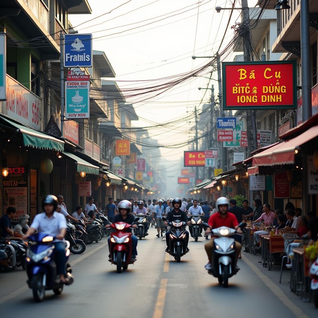 Quang cảnh nhộn nhịp trên một tuyến đường thương mại sầm uất ở Phường Tam Thắng, Vũng Tàu với cửa hàng và người qua lại.