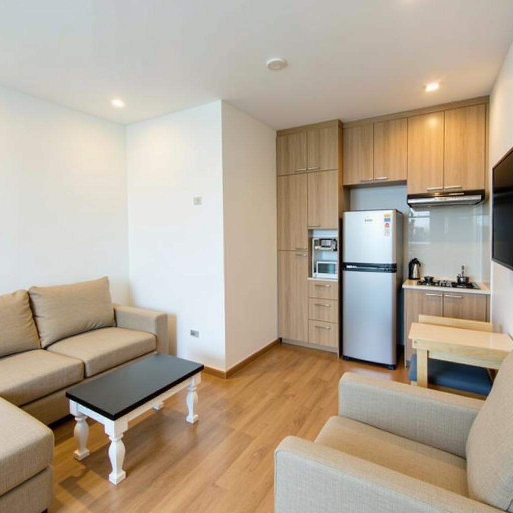 Phòng khách và khu vực bếp nhỏ tiện nghi bên trong căn hộ Phoenix 1 Hotel Apartment tại 125 Lê Quang Đạo Đà Nẵng