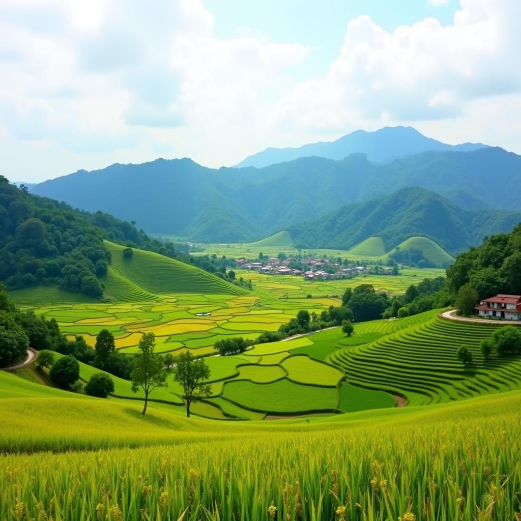 Phong cảnh hữu tình huyện Quế Sơn Quảng Nam với núi đồi, cánh đồng và đường quê yên bình