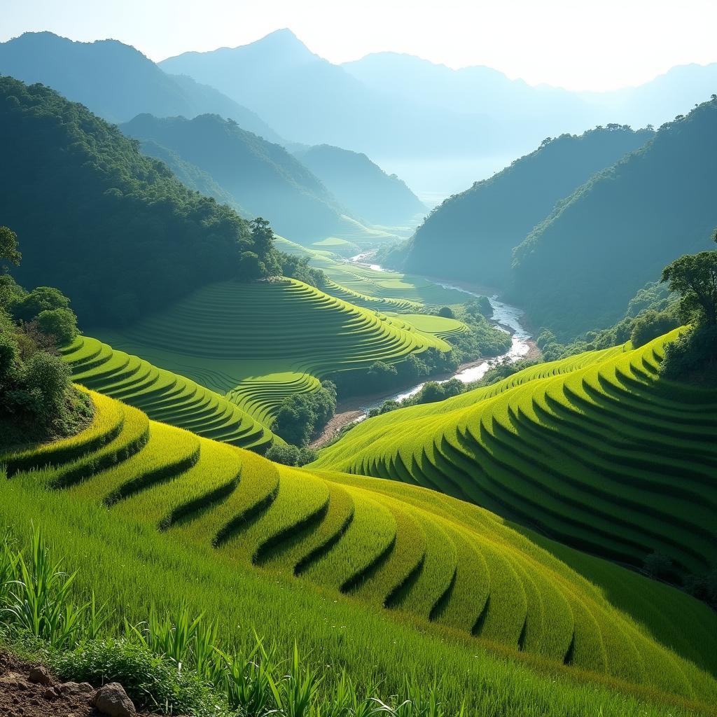 Vẻ đẹp hùng vĩ của núi rừng và ruộng bậc thang ở Xã Lâm Thượng, Tỉnh Lào Cai khi nhìn từ trên cao.