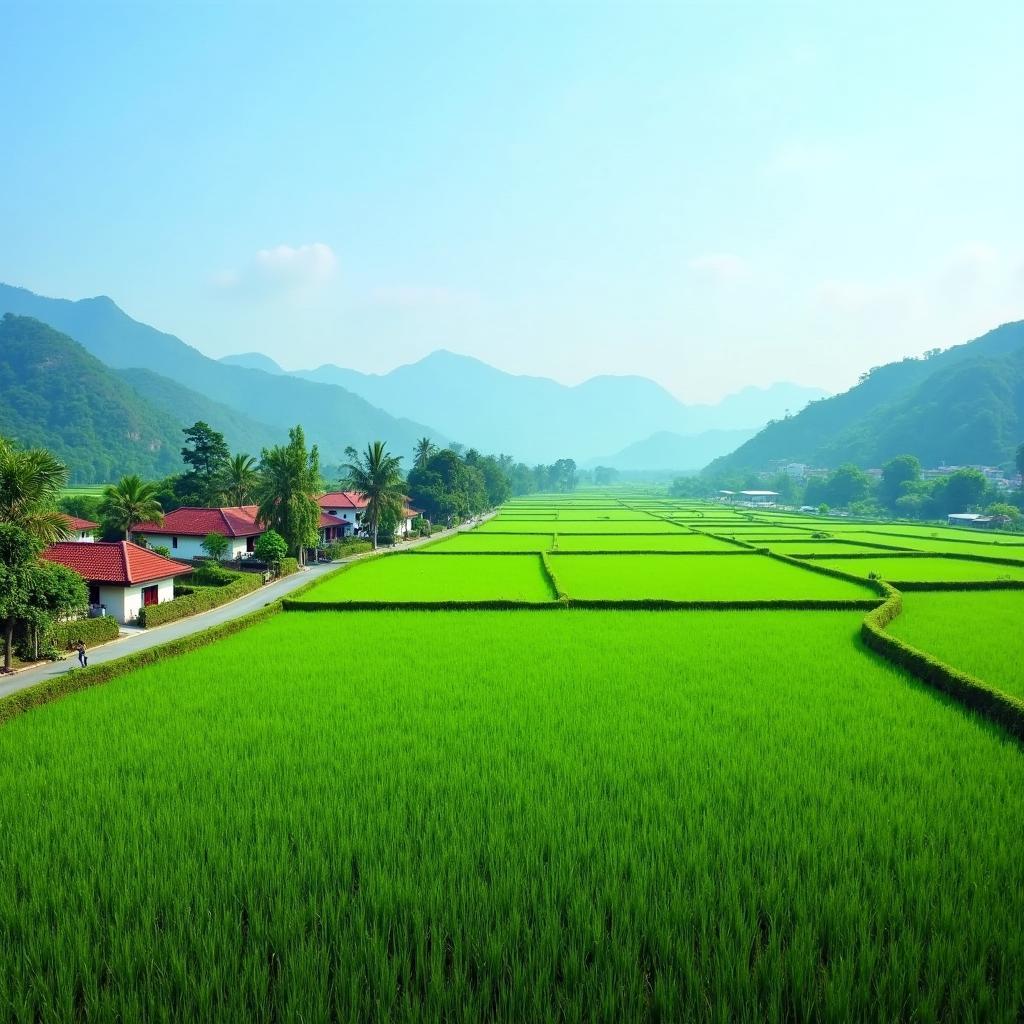 Toàn cảnh làng quê Trạm Thản, Phú Thọ yên bình với những cánh đồng lúa xanh mướt và con đường làng quanh co.
