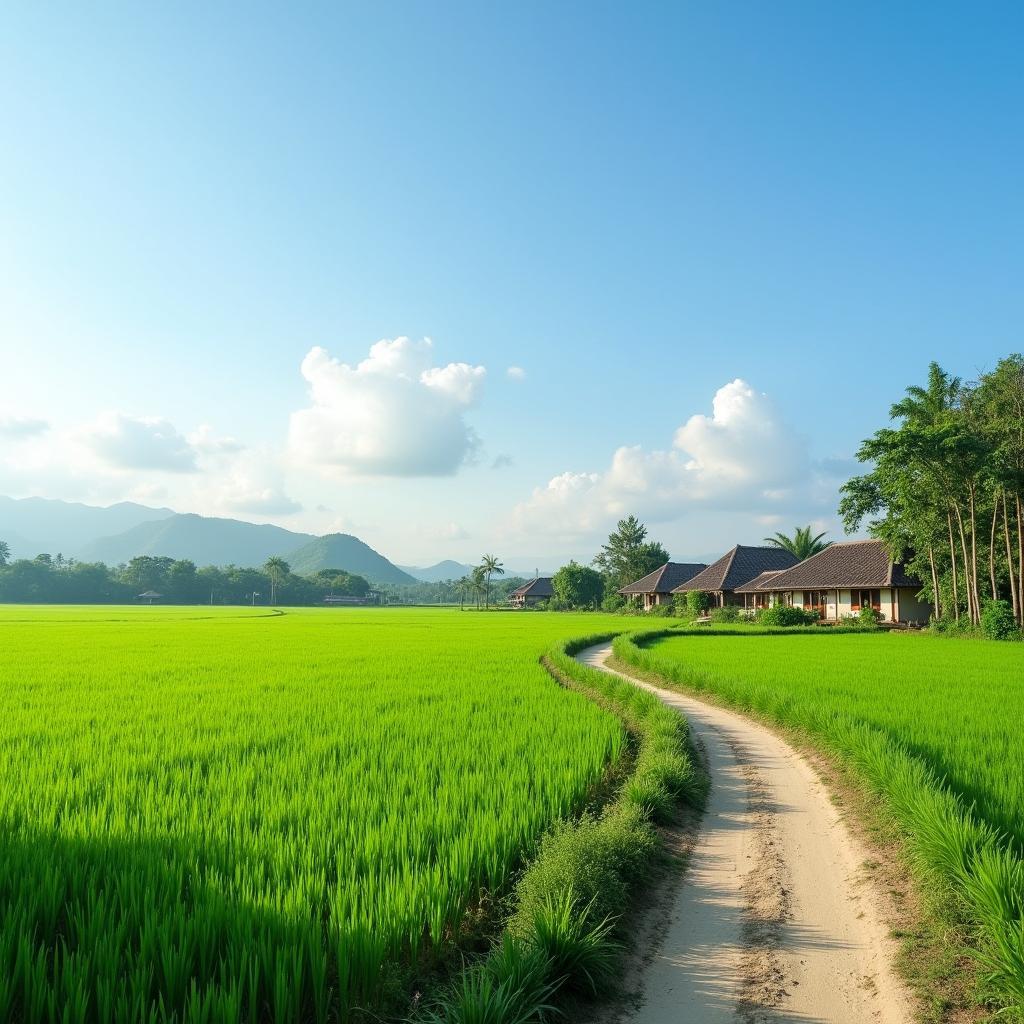 Khung cảnh làng quê xã Đông Thành, Phú Thọ thanh bình với những cánh đồng lúa xanh trải dài bên con đường làng quanh co.