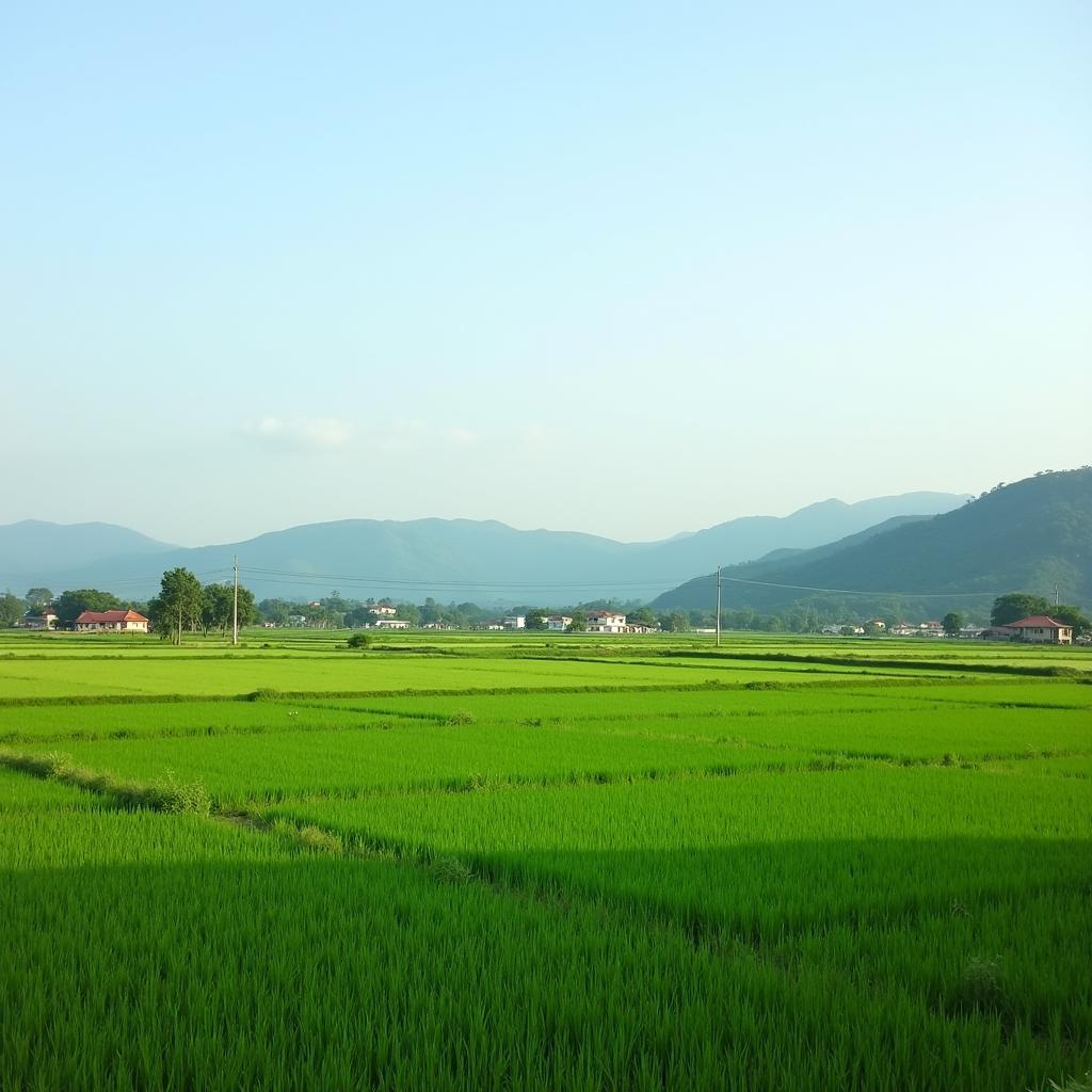 Bức tranh yên bình về phong cảnh nông thôn tại Xã Hùng Mỹ, Tỉnh Tuyên Quang với cánh đồng và núi