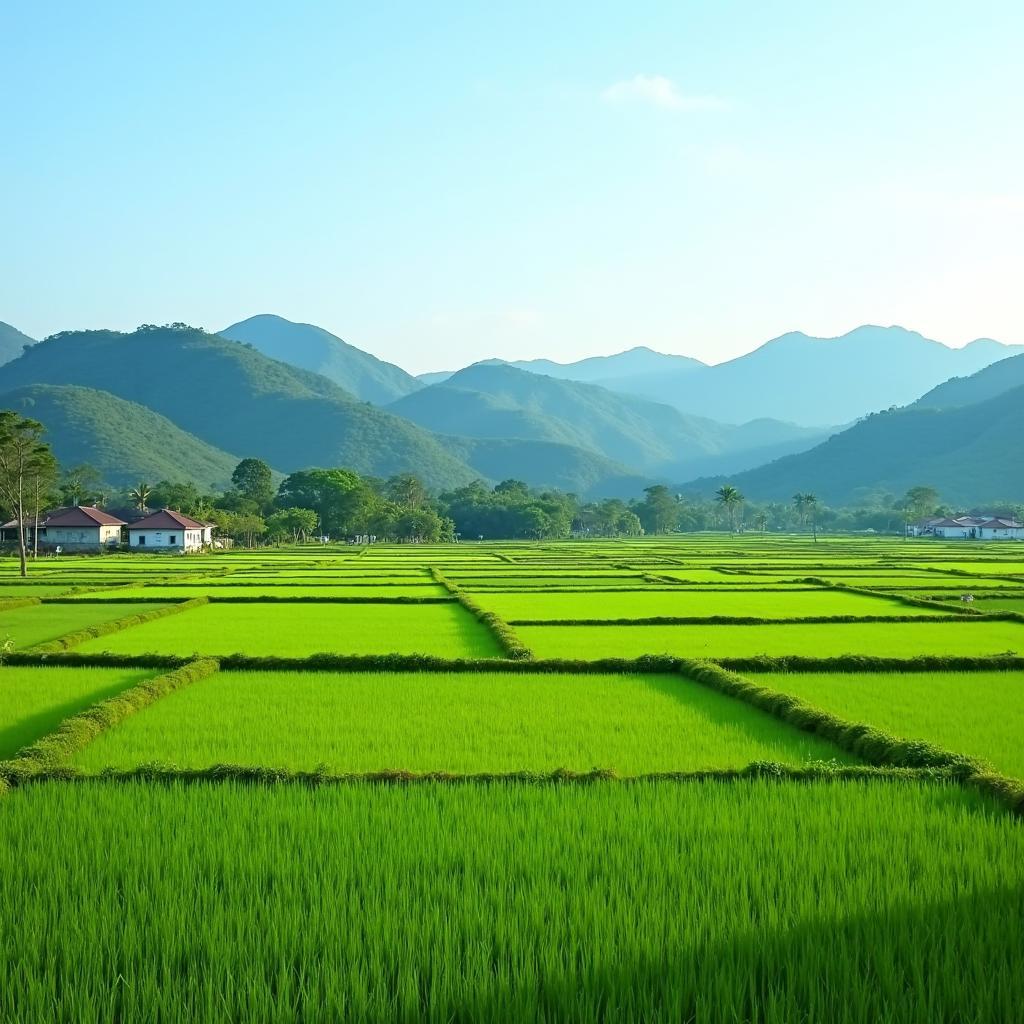 Khung cảnh đồng lúa xanh mướt và những nếp nhà giản dị tại xã Tân Tiến, tỉnh Tuyên Quang