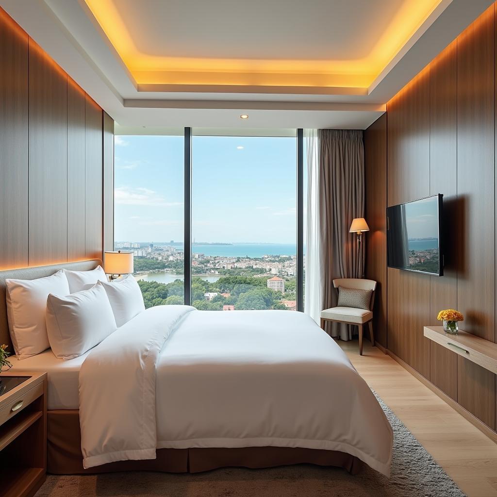 Thiết kế phòng nghỉ sang trọng và ấm cúng tại Khách sạn Miracle Luxury Nha Trang với view nhìn ra thành phố biển