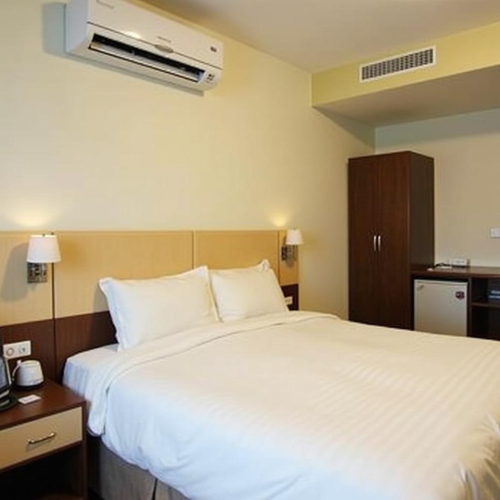 Bên trong phòng nghỉ tiện nghi và sạch sẽ tại Victory Airport Hotel.